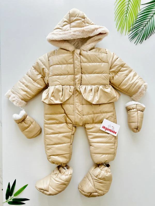 Kapüşonlu  Tüylü Fermuarlı İçi Welsoft Peluş Ultra Lüx Çıkarılabilir Ayakkabılı Eldivenli  Kozmonot Tulum Set