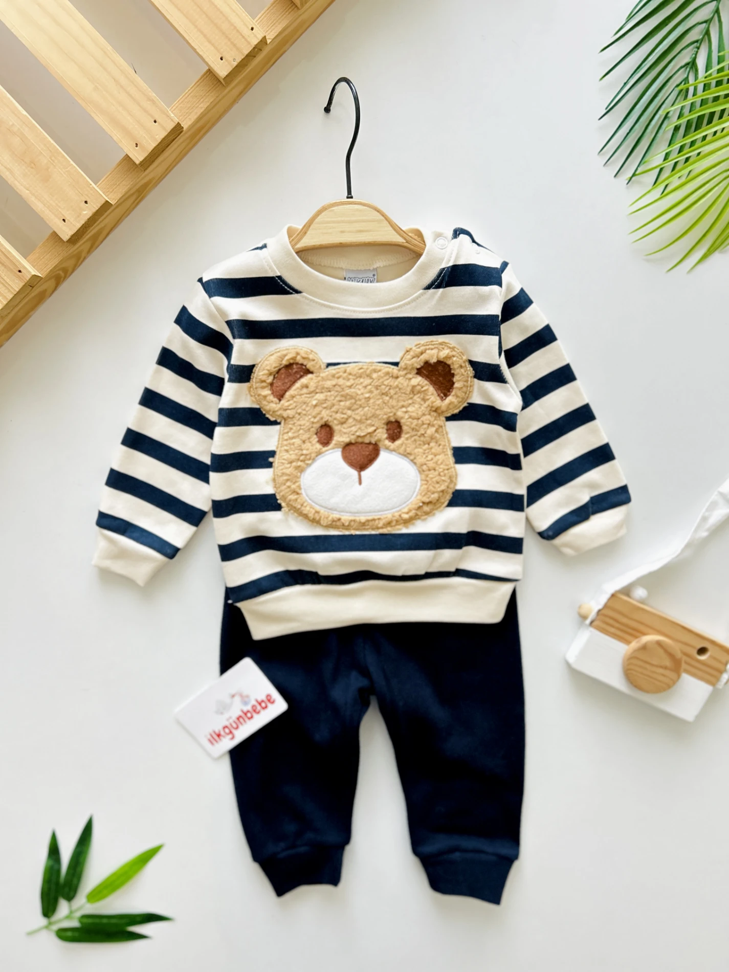 Teddy Peluş Nakışlı Çizgili 2 ‘li Mevsimlik Takım