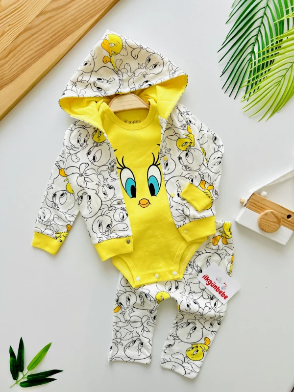 Tweety Kapüşonlu Hırkalı Zıbınlı Bodyli %100 Pamuk Premium Kalite 3’lü Unisex Takım
