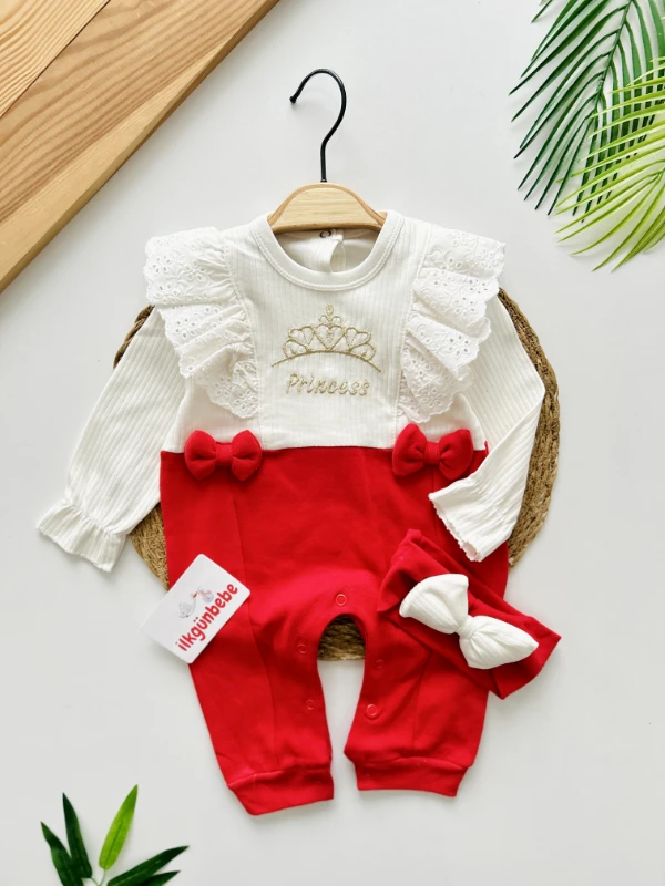 Princess Fırfır Detaylı Fiyonku Bandanalı %100 Pamuk Esnek Kumaş 2’li Tulum