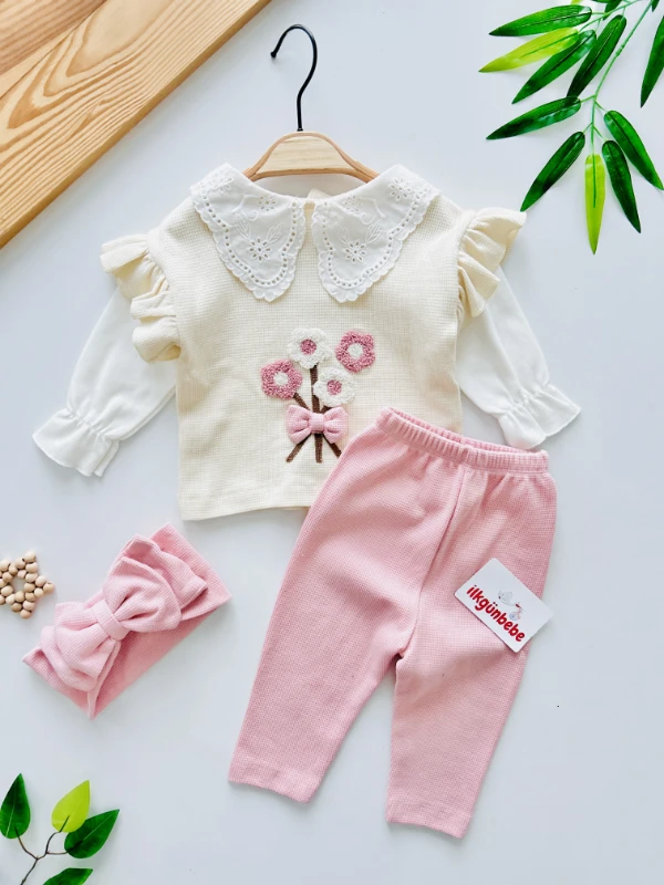 Maria Fisto Dantel Yakalı Waffle Nefes Alan Kumaş Fiyonk Bandanalı 3’lü Takım