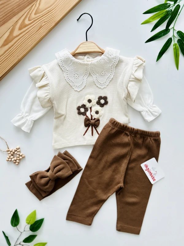 Maria Fisto Dantel Yakalı Waffle Nefes Alan Kumaş Fiyonk Bandanalı 3’lü Takım