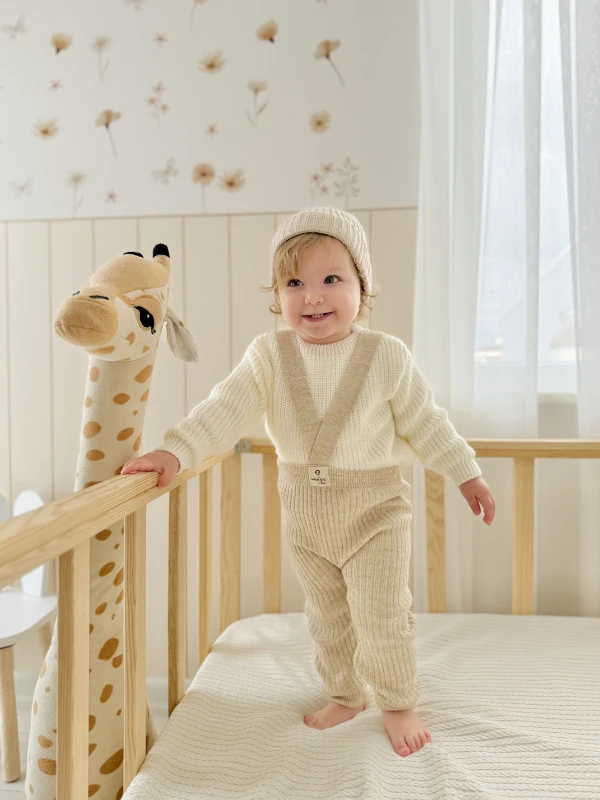 Selanik Örgüsü Triko Kazaklı Triko Çarpraz Askılı Salopetli Örme  Bereli 3’lü Takım