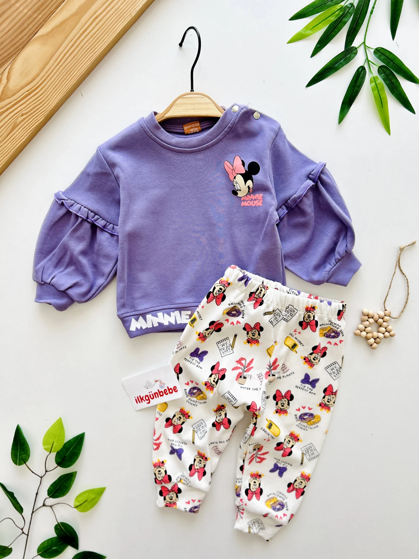 Minnie Mouse Balon Kol Fırfır Detaylı 2’li %100 Pamuk Takım