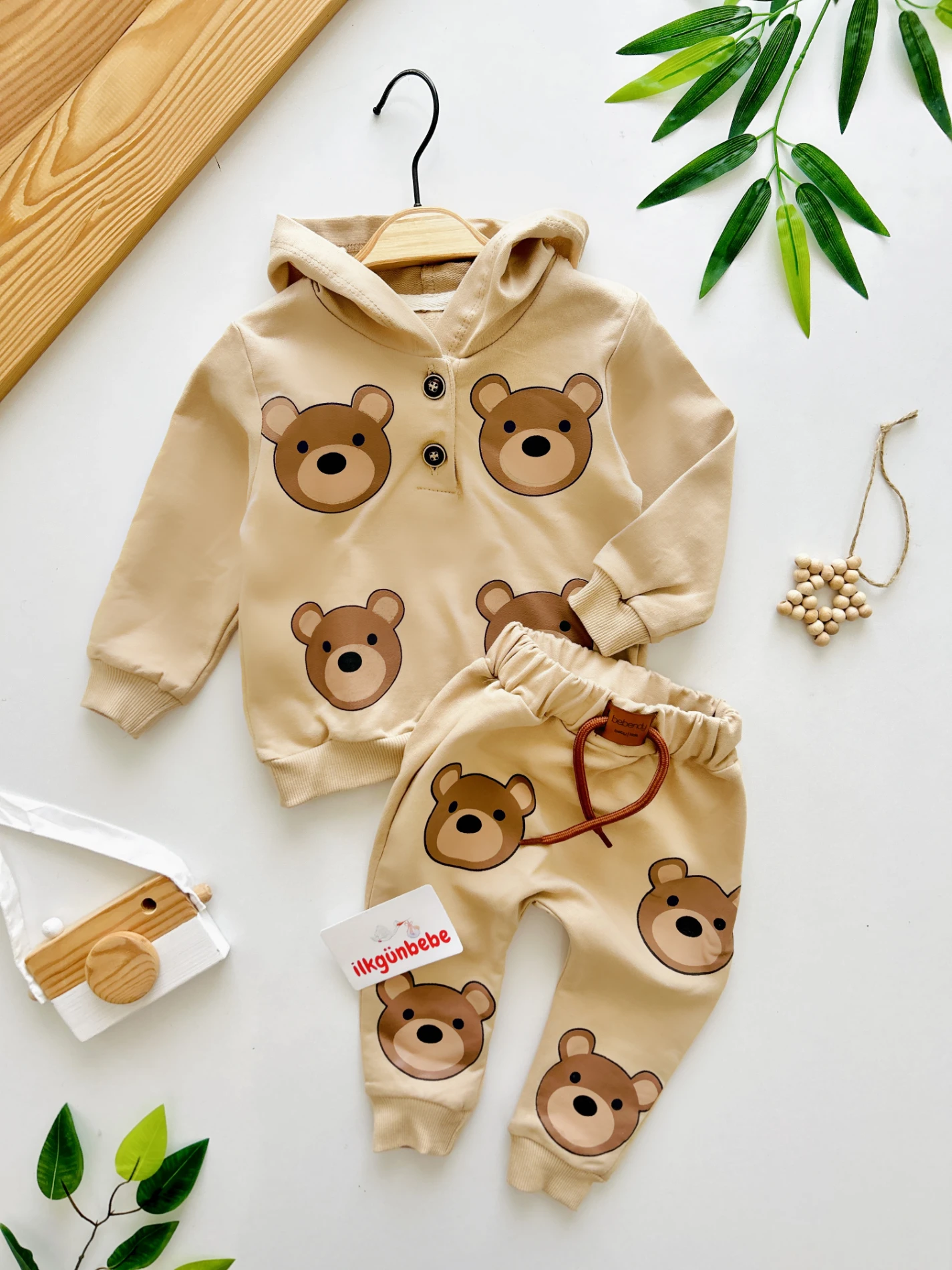 Teddy Kapüşonlu Ahşap Düğmeli Sweatli 2’li Mevsimlik Takım