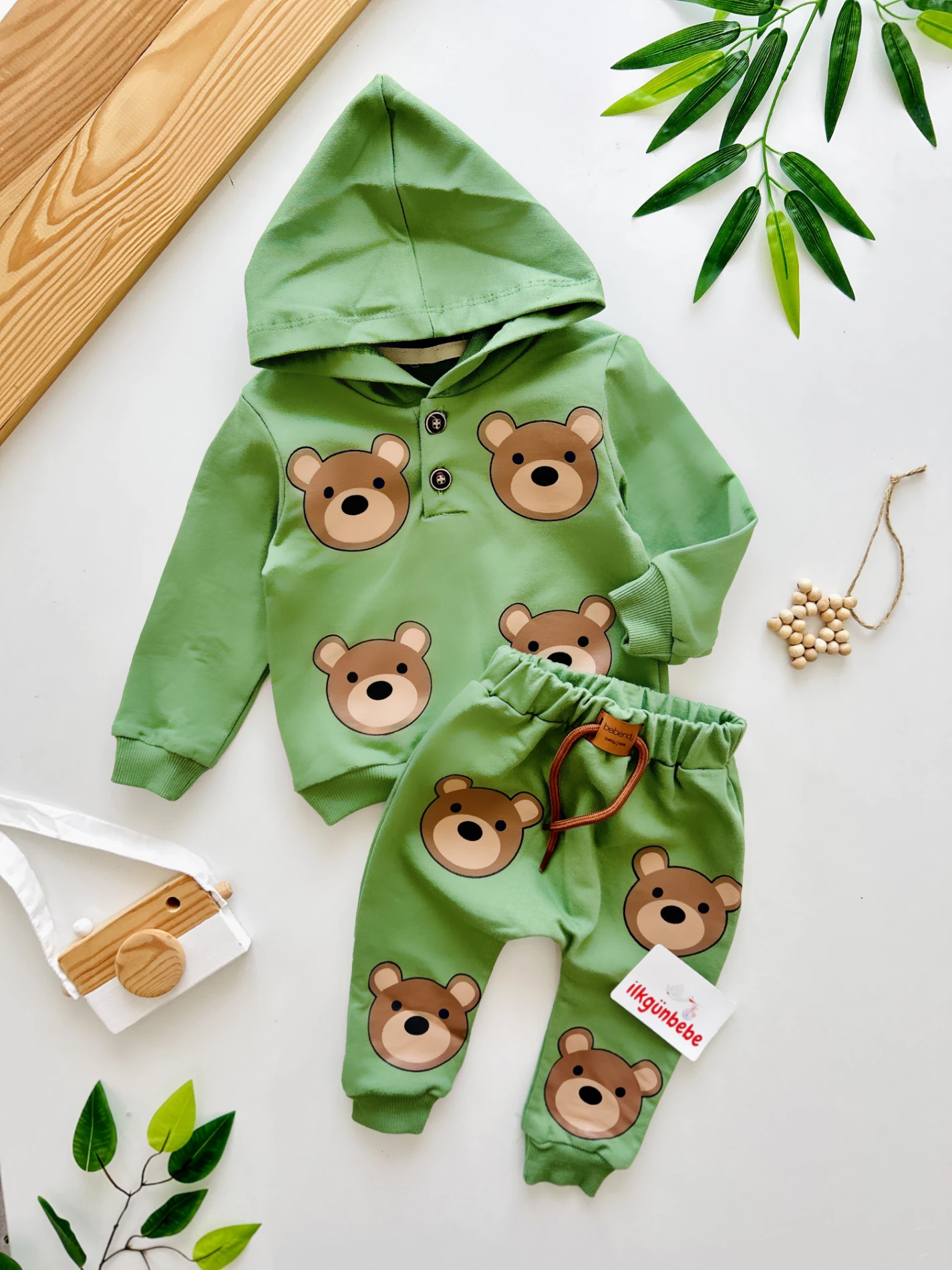 Teddy Kapüşonlu Ahşap Düğmeli Sweatli 2’li Mevsimlik Takım