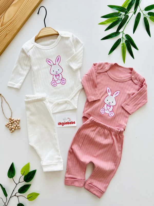 Tavşan Temalı %100 Pamuk Esnek Kumaş 2’li Alt Üst Mevsimlik Takım