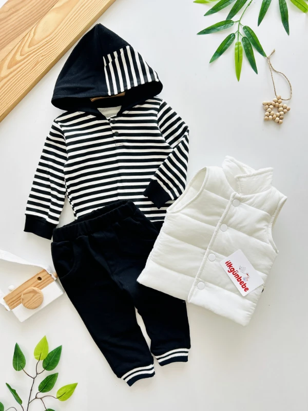 Şişme Yelekli Çizgili Desenli Eşofmanlı Premium Kalite Kışlık 3’lü Takım