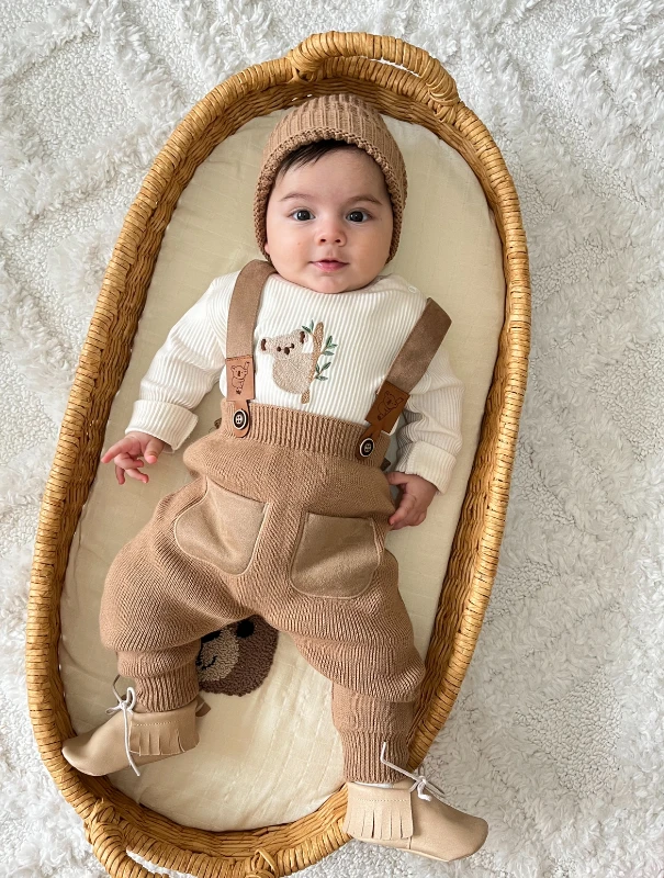 Koala Temalı Fitilli Esnek Kumaş Badili Triko Kalın Salopetli Çarpraz Askılı 3’lü Takım