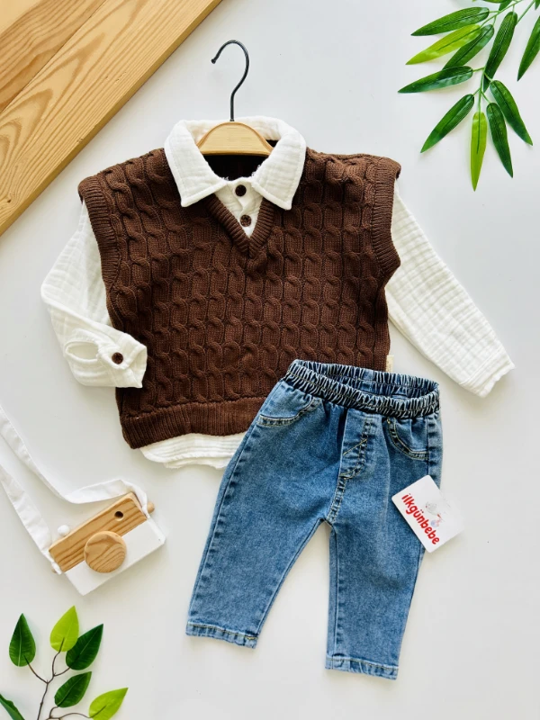 Burgu Örgü Triko  Detaylı Sahte Gömlekli Kot Pantolonlu Kışlık 2li Takım