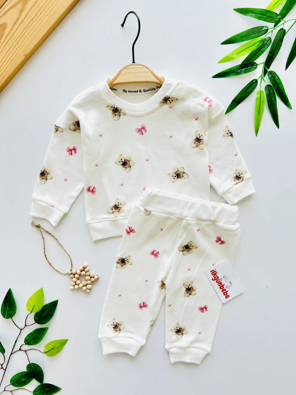 Teddy Bear Fiyonk Detaylı  2’li %100 Pamuk Takım 