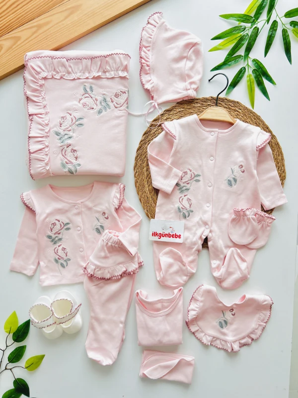 Fırfırella Çiçek Nakışlı 10 Parça   %100 Pamuk Premium Kalite Hastane Seti 