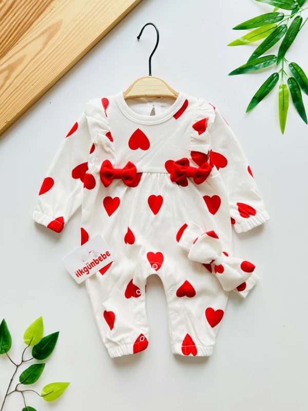 Kalp Desenli %100 Pamuk Fiyonk Detaylı Bandanalı & Tulum Set