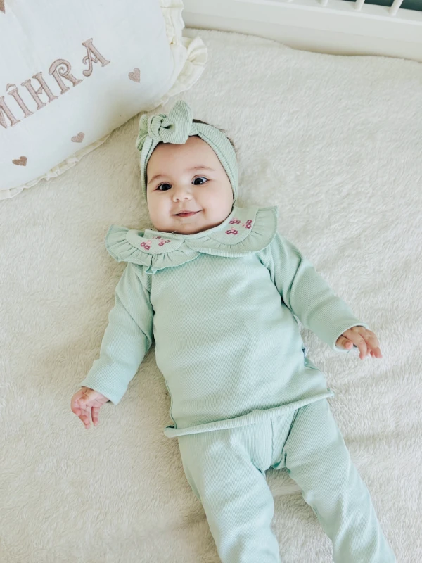 Fisto Çiçek Detaylı %100 Pamuk Ribanalı Esnek Kumaş Taytlı 2’li Takım