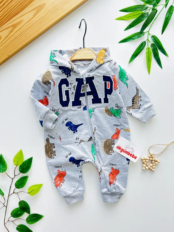 Gap Dino Baskılı %100 Pamuk Kapüşonlu Fermuarlı Tulum