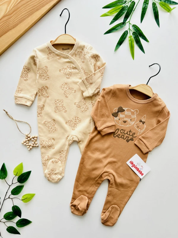 Cute Bear Desenli %100 Pamuk Kendinden Ayaklı 2’li Tulum Set