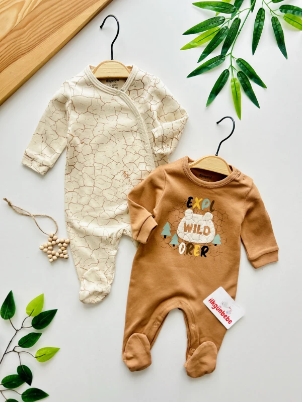 Minik Ağaç Desenli %100 Pamuk Kendinden Ayaklı 2’li Tulum Set