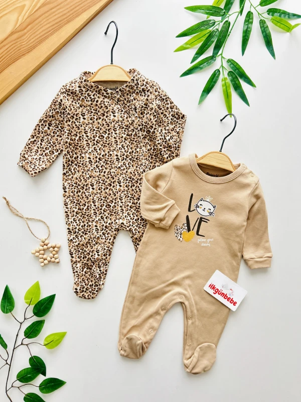 Love Sevimli Kedicik & Leopar Desenli %100 Pamuk Kendinden Ayaklı 2’li Tulum Set