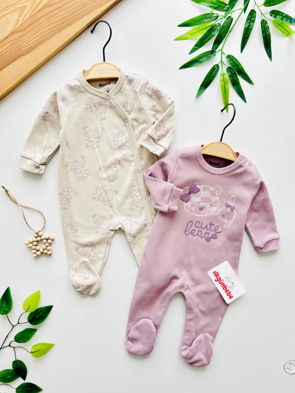 Cute Bear Desenli %100 Pamuk Kendinden Ayaklı 2’li Tulum Set