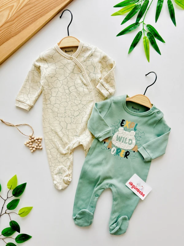 Minik Ağaç Desenli %100 Pamuk Kendinden Ayaklı 2’li Tulum Set