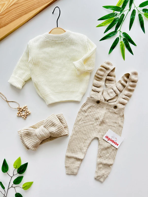 Selanik Örgüsü Oversize Kazaklı Fırfır Detaylı Çarpraz Askılı Salopetli Fiyonklu Bandanalı 3’lü Takım