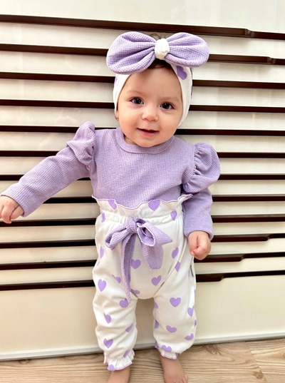 Balon Kollu Kalp Nakışlı Bandanalı 3’lü %100 Pamuk Takım