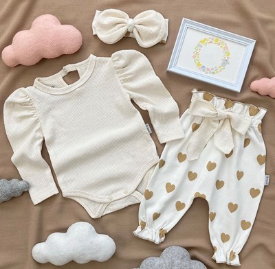 Balon Kollu Kalp Nakışlı Bandanalı 3’lü %100 Pamuk Takım