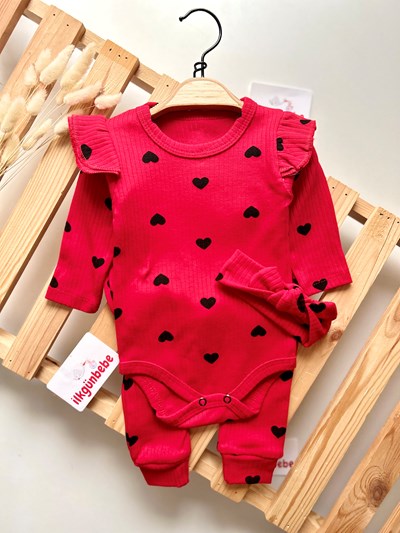 Kalp Desenli Esnek Kumaş Bandanalı 3’lü Takım