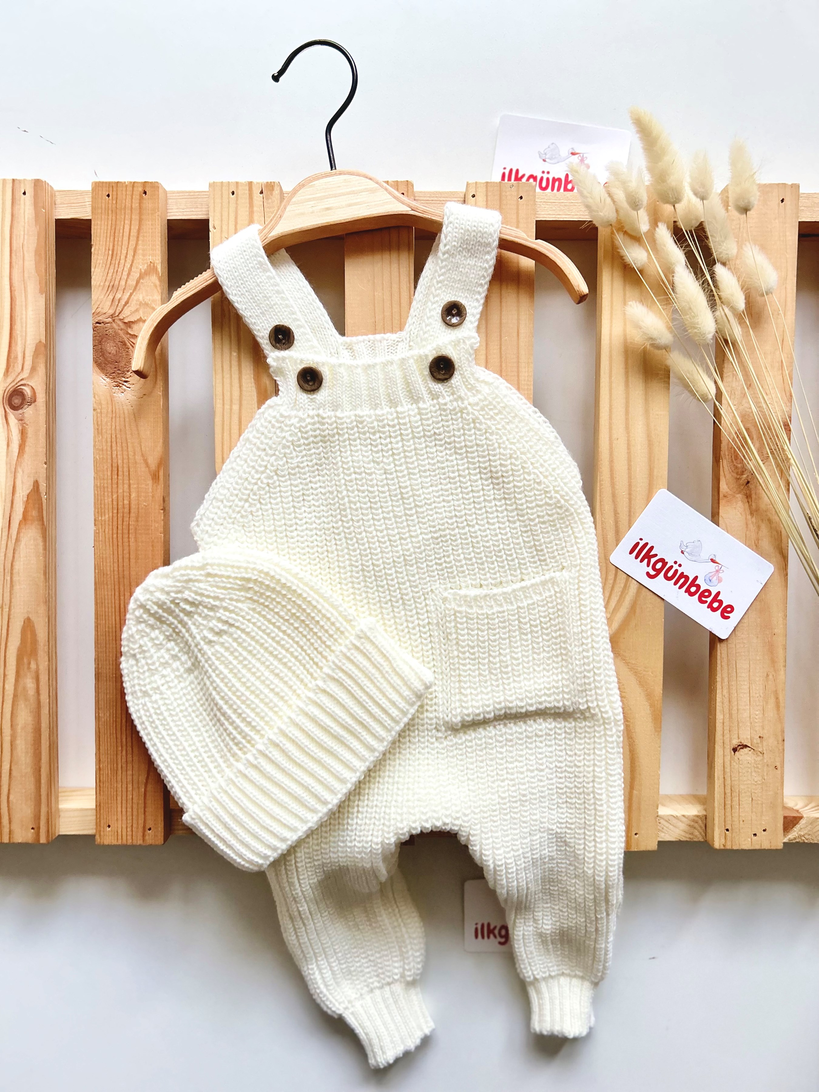 Triko Selanik Örgüsü Cepli Şapkalı 2’li Salopet