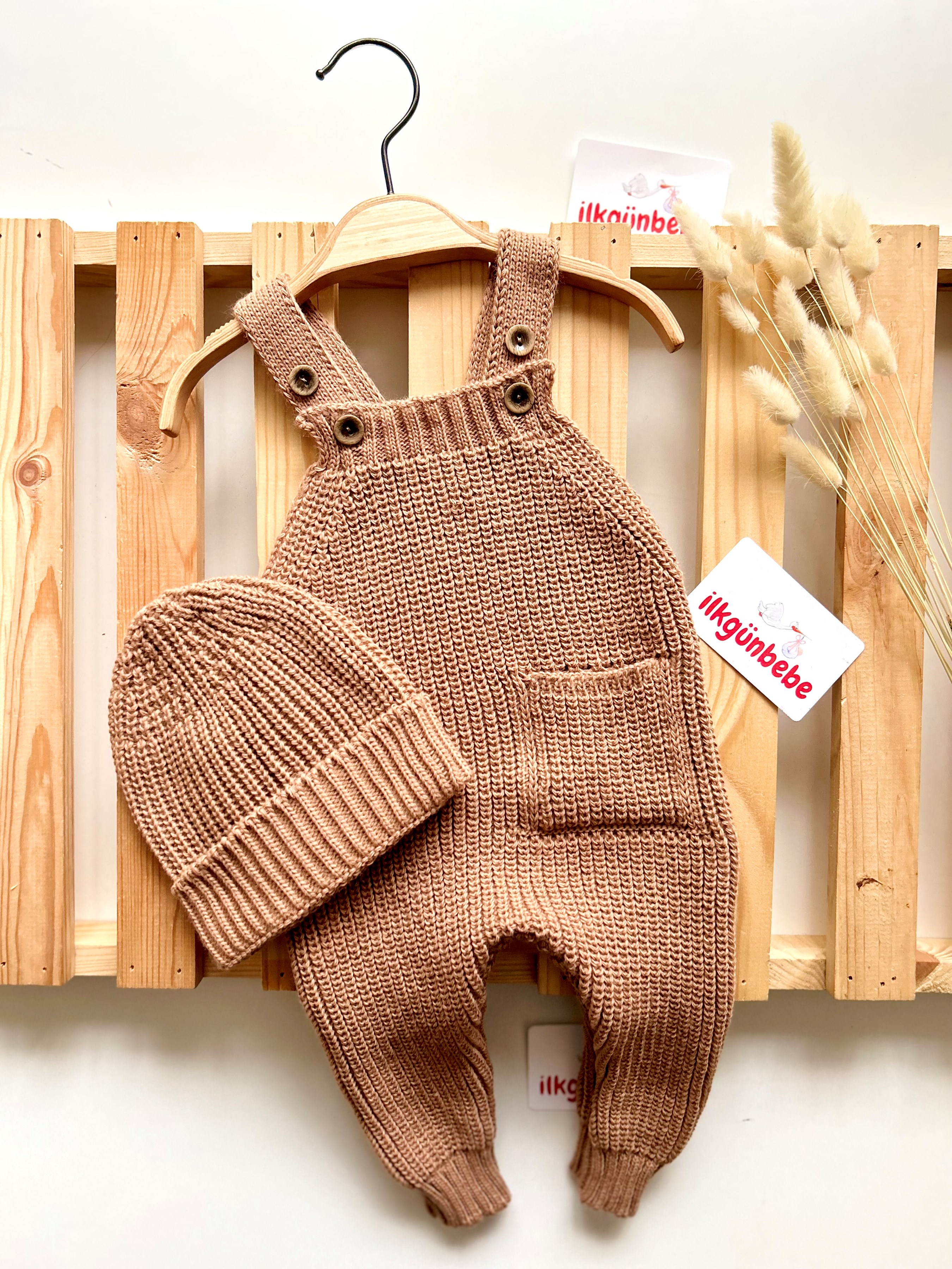 Triko Selanik Örgüsü Cepli Şapkalı 2’li Salopet