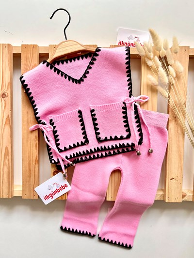 Triko Cep Detaylı Dikiş Nakışlı İspanyol Paçalı Esnek Takım