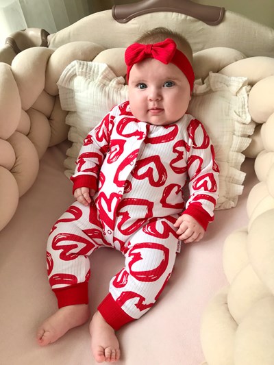 Kalp Desenli %100 Pamuk Ribanalı Kumaş Bandanalı Tulum