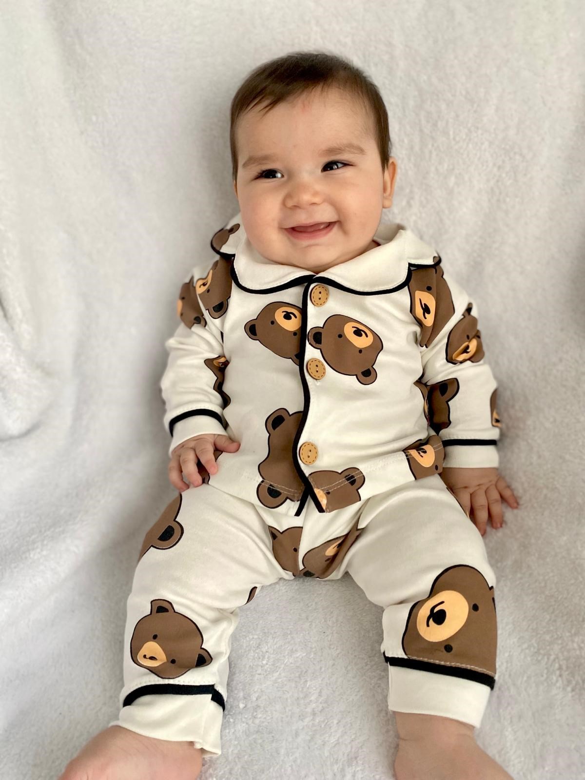 Bear Baskılı %100 Pamuk Yumuşaçık Kumaş Bebe Yakalı Pijama Takımı