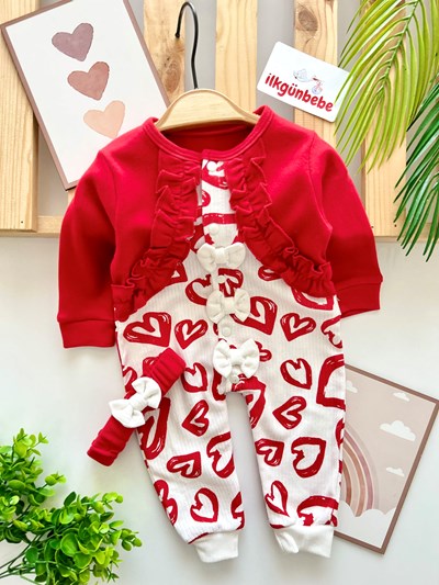 Bolero Kalp Desenli Fiyonk Detaylı Bandanalı Tulum Set