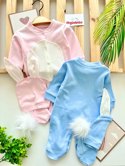 Çıkarılabilir Ponponlu Tavşan Kulak Şapkalı %100 Pamuk Tulum