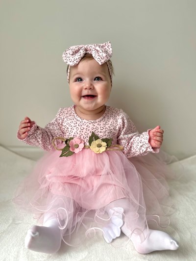 Çiçek Hasır Kemerli Leopar Desenli Bandanalı Tüllü Elbise