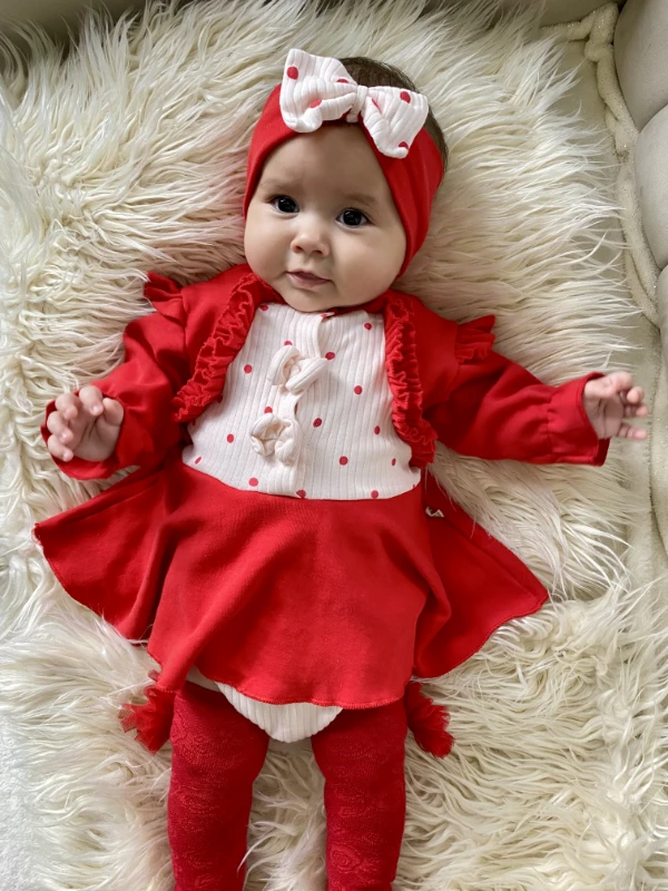 Aşk Desenli Bolero Detaylı Fiyonklu Bandanalı Romper Elbise