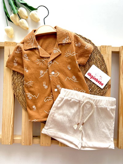 Güneş Yaz Temalı Müslin Kumaş Gömlekli İpli Şortlu 2’li Set