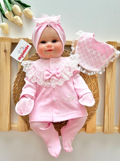 Melek Kanat Arkası Detaylı Fiyonklu %100 Pamuk 5’li Hastane Çıkışı Seti