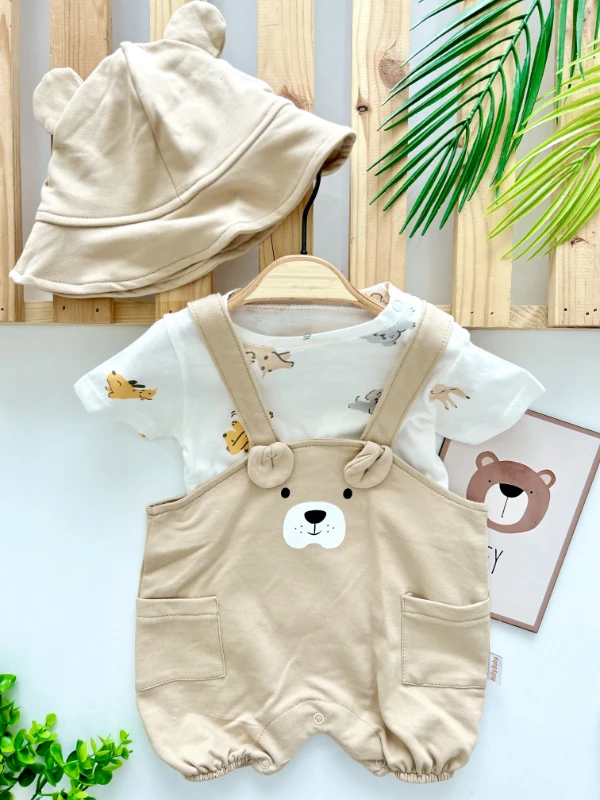 Animals Temalı Bear Bucket Şapkalı Tişörtlü Salopetli 3’lü Takım