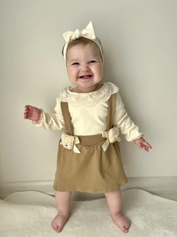 Oyuncak Ayılı Güpür Yaka Detaylı Badili 2’li Elbise Set