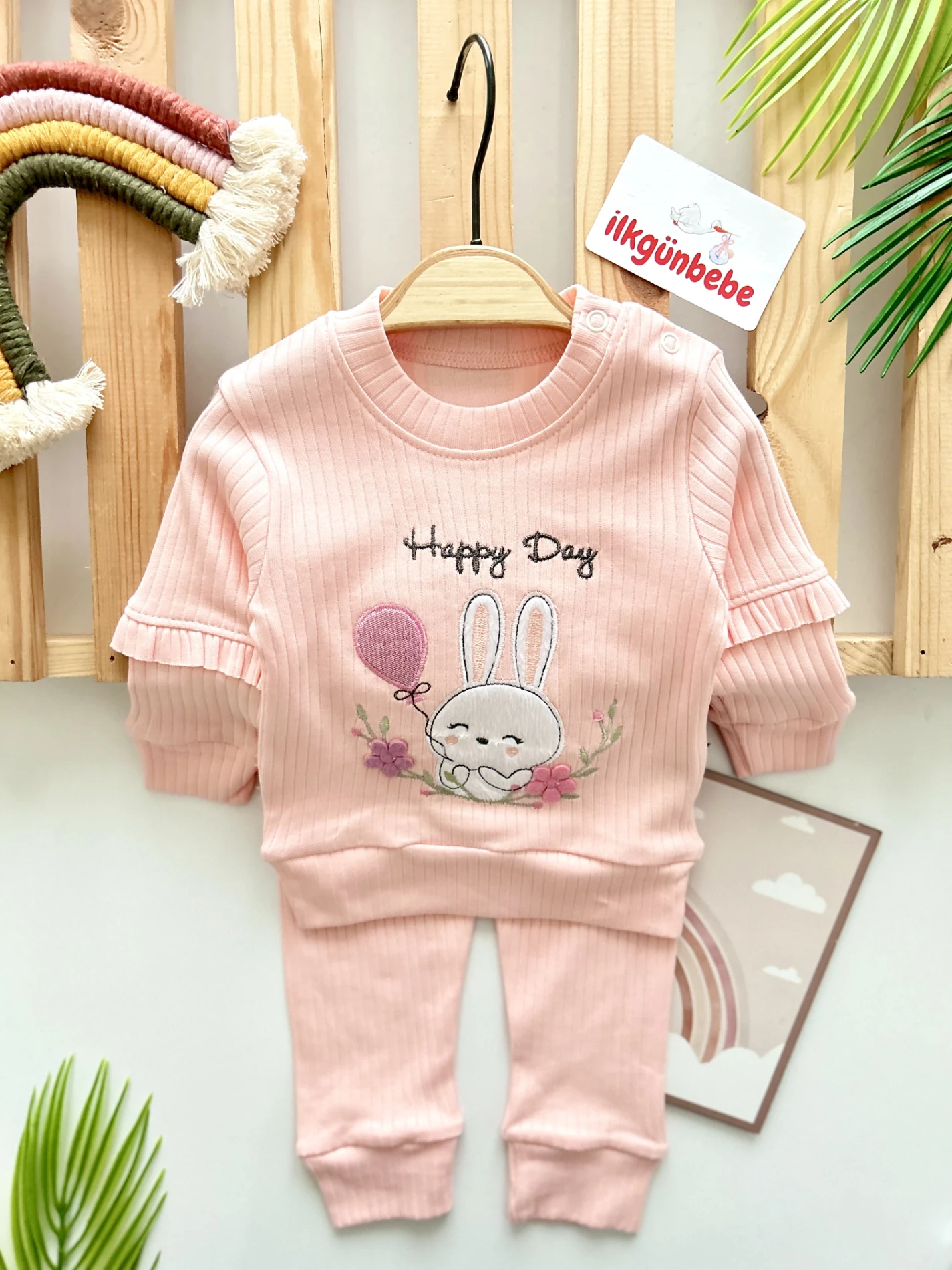 Happy Day Tavşan Baskılı Ribanalı İp Bağlamalı 2’li Takım
