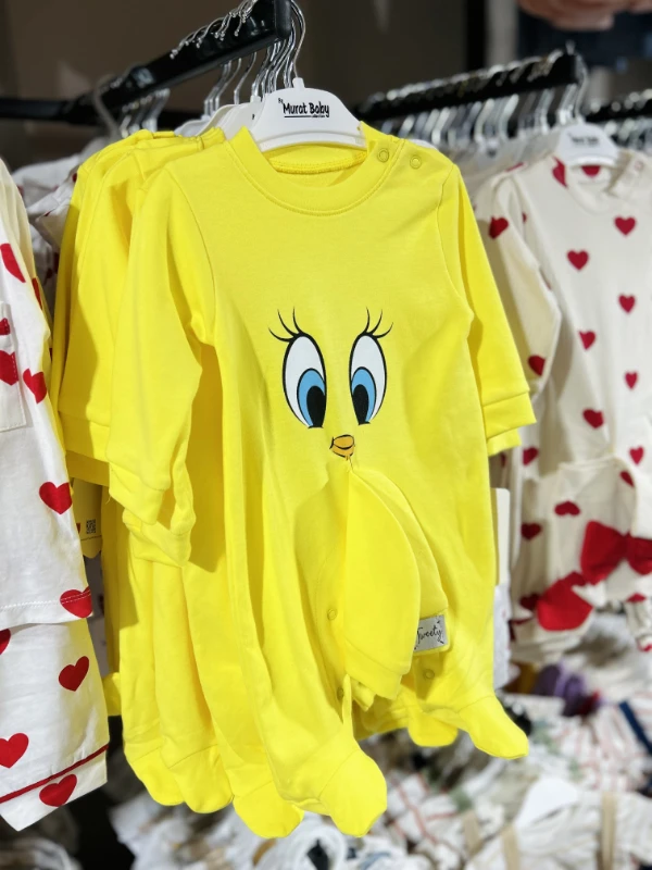 Tweety desenli %100 Pamuk Şapkalı Unisex Tulum Set