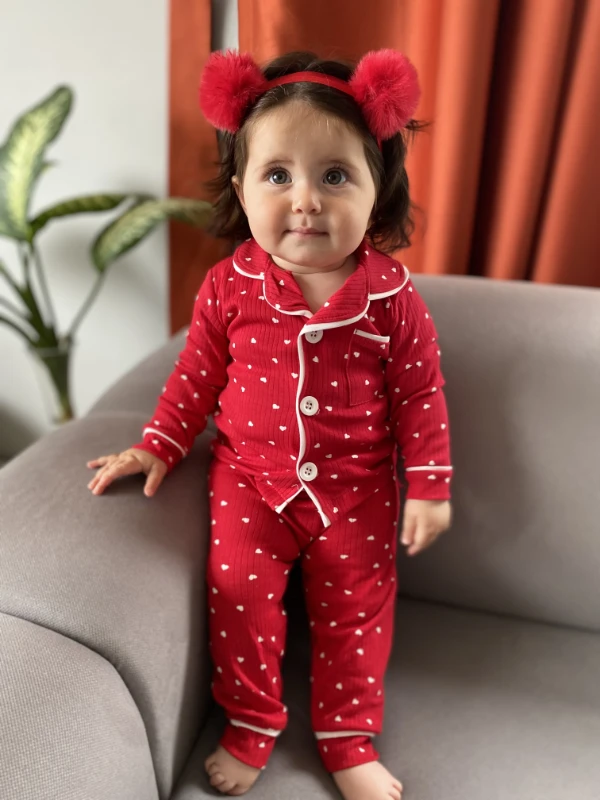 Kalp Desenli Bebe Yakalı Mevsimlik Pijama Seti 