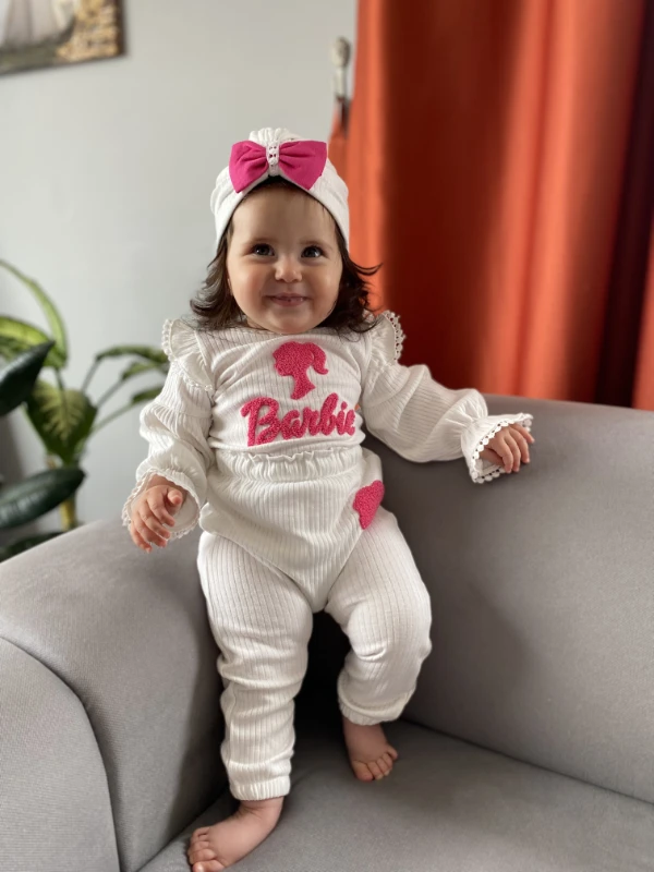 Barbie Desenli Fiyonklu Bandanalı Ribanalı %100 Pamuk Kumaş 3’lü Takım