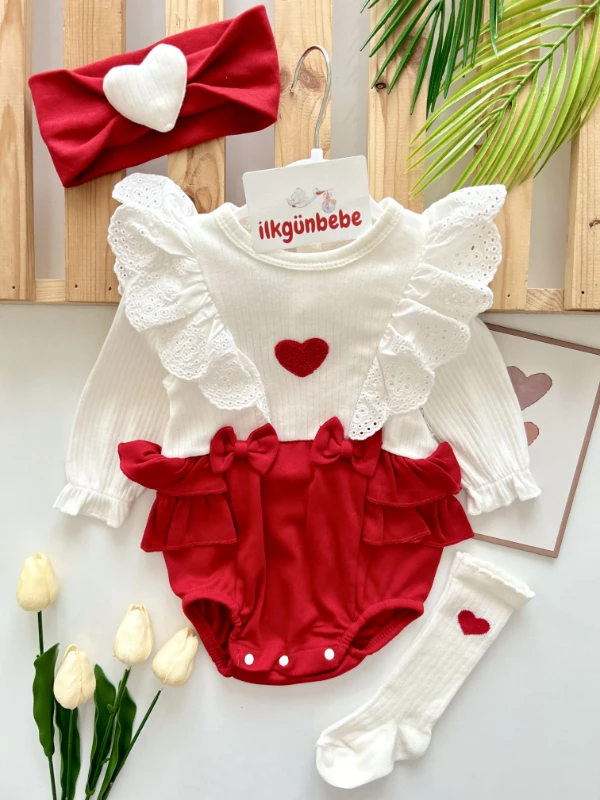 Kalp Baskılı Kalp Bandanalı %100 Pamuk Ribanalı Kumaş Kalp Çoraplı 3’lü Premium Kaliteli Set