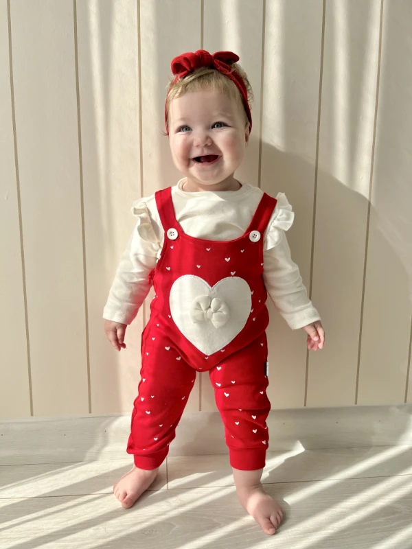 Fiyonk Detaylı Kalp Baskılı Badili Salopetli 2’li Set