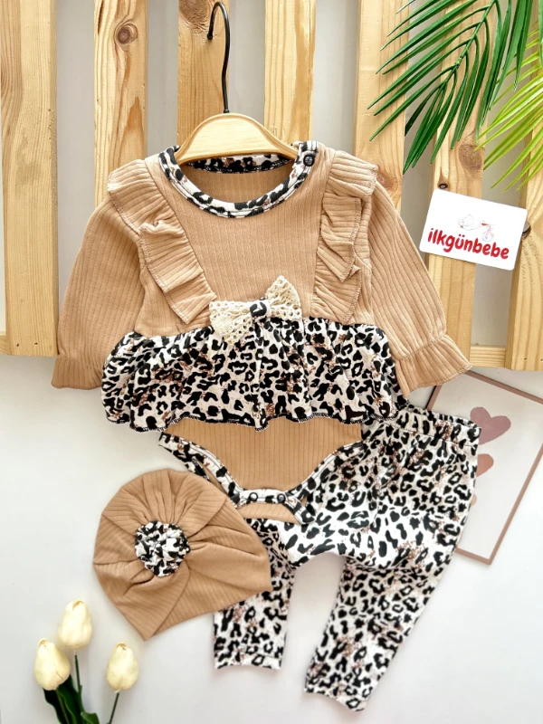 Fiyonk Detaylı Leopar Desenli Bandanalı %100 Pamuk 3’lü Takım