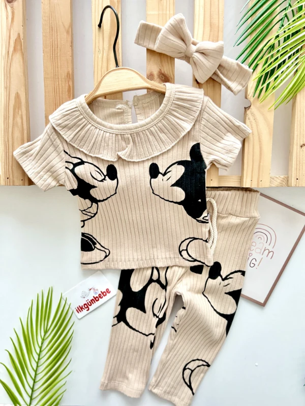 Minnie Mouse Baskılı Ribanalı Taytlı 3’lü Bandanalı Takım