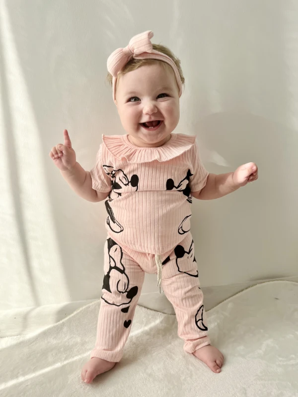 Minnie Mouse Baskılı Ribanalı Taytlı 3’lü Bandanalı Takım